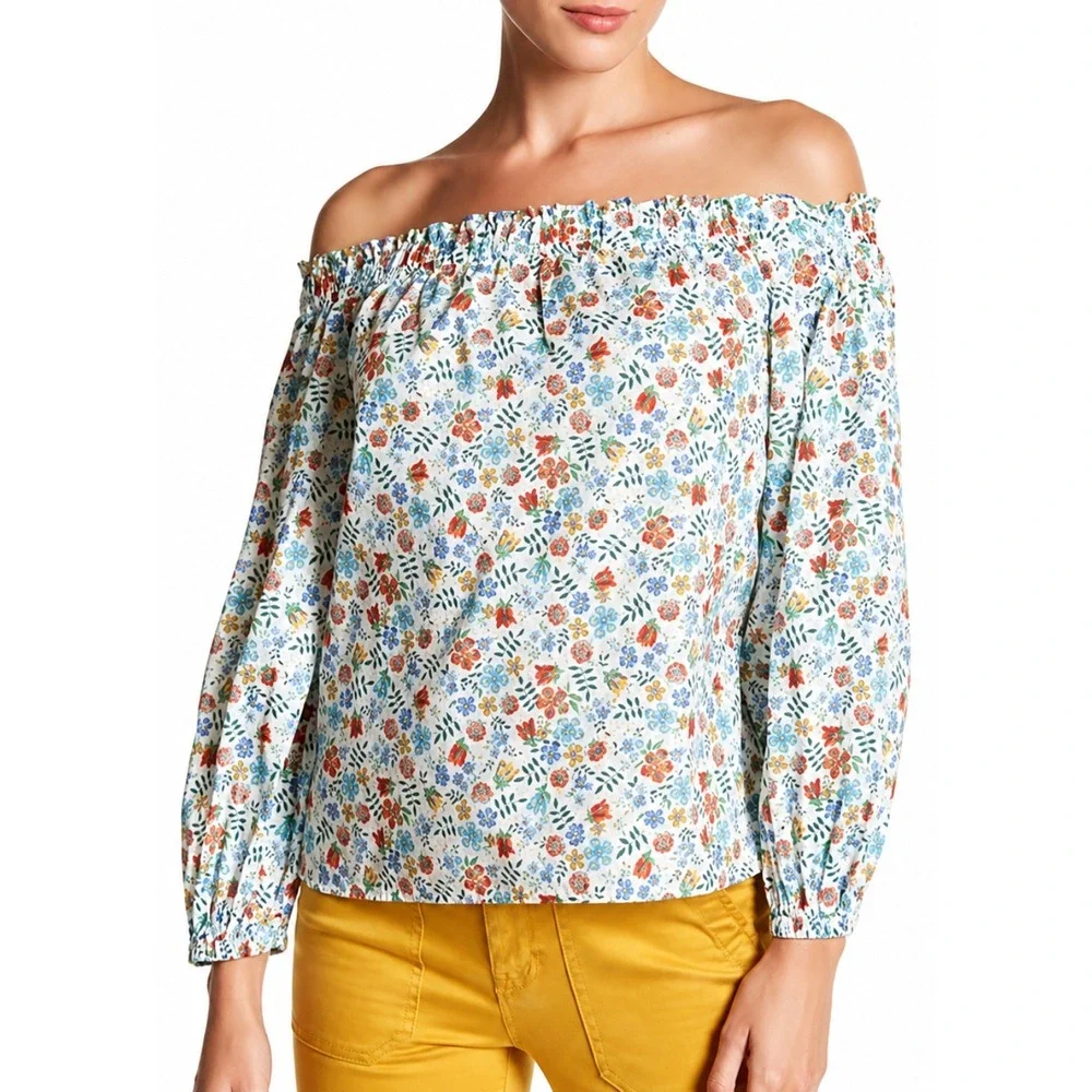 J. Crew Liberty Art Fabrics Off‎ The Shoulder Floral Cotton Blouse White Size 0